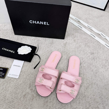 CHANEL 26S DOUBLE STRAP SLIDE SANDALS IN PINK CALFSKIN