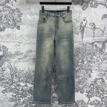 Joewe 25 Chain-decorated Jeans Blue Cotton Fabric