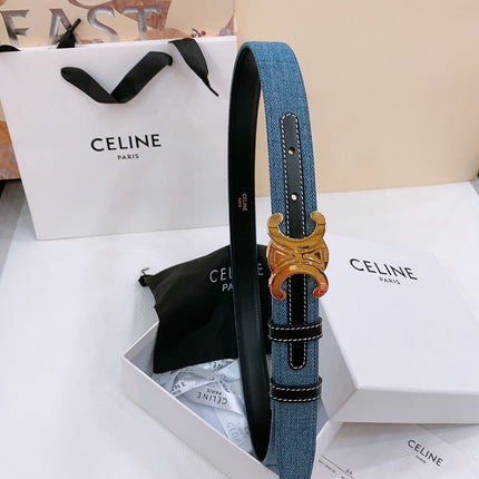 CELINE 25S BELT TRIOMPHE TAURILLON 25MM IN BLACK CALFSKIN AND DENIM 558346