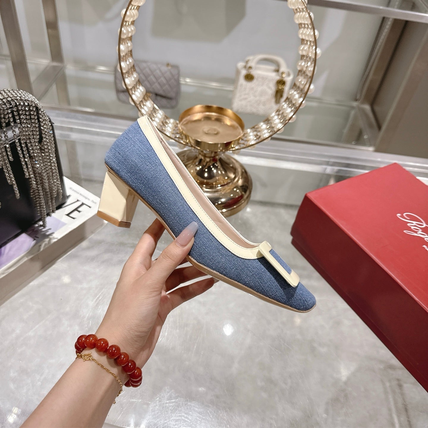ROGER VIVIER 25S TROMPETTE BALLERINAS 45MM IN BLUE DENIM