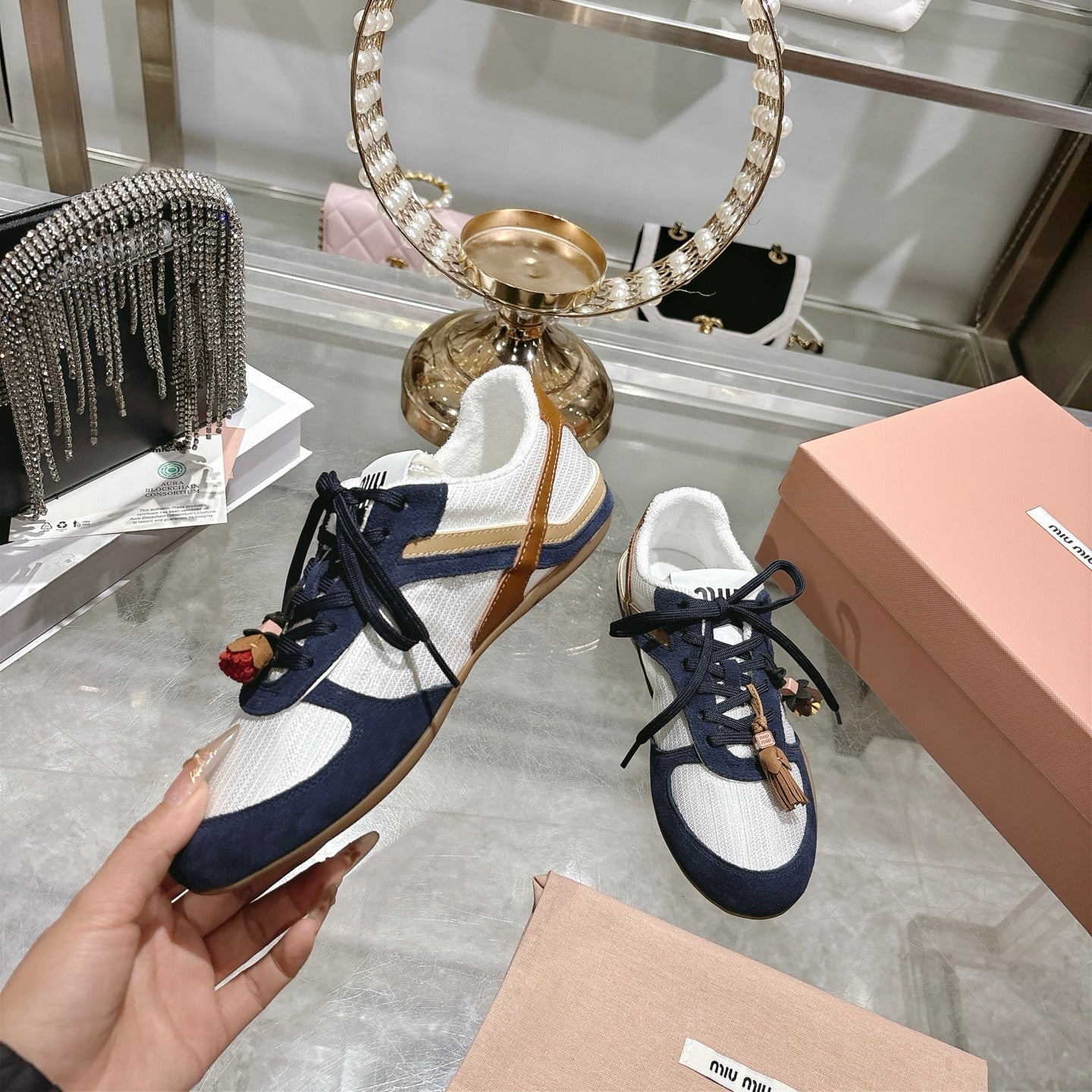 MIUMIU 26S LACE UP SNEAKERS IN NAVY BLUE SUEDE WHITE FABRIC CHARM DETAIL