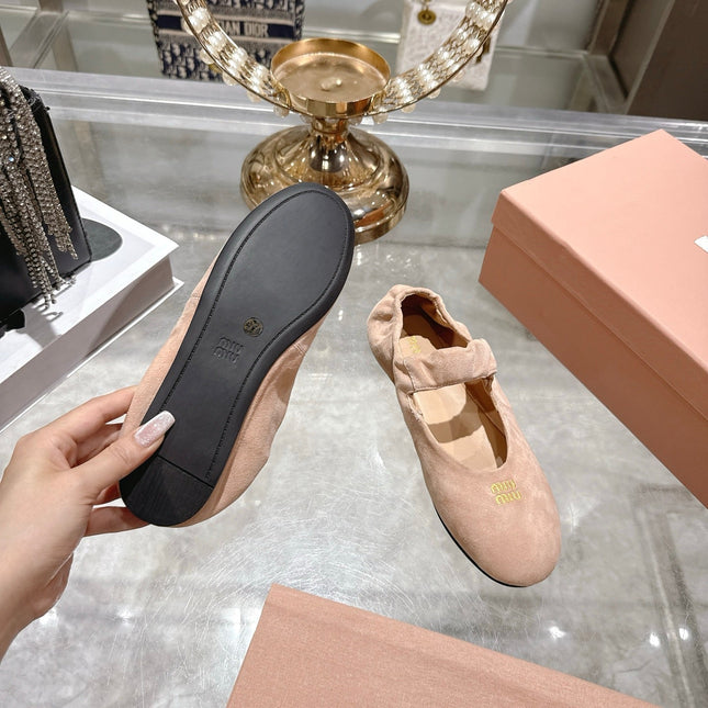 MIUMIU 26S MARY JANE FLATS IN LIGHT PINK SUEDE ELASTIC STRAP