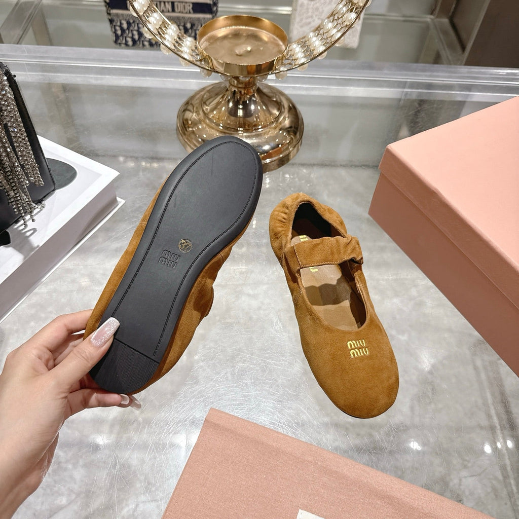 MIUMIU 26S MARY JANE FLATS IN BROWN SUEDE ELASTIC STRAP