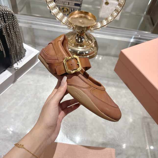 MIUMIU 26S MARY JANE FLATS IN CARAMEL BROWN CALFSKIN GOLD BUCKLE