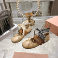 MIUMIU 26S SLINGBACK BALLET FLATS IN BEIGE CALFSKIN AND BROWN STRAP RIBBON