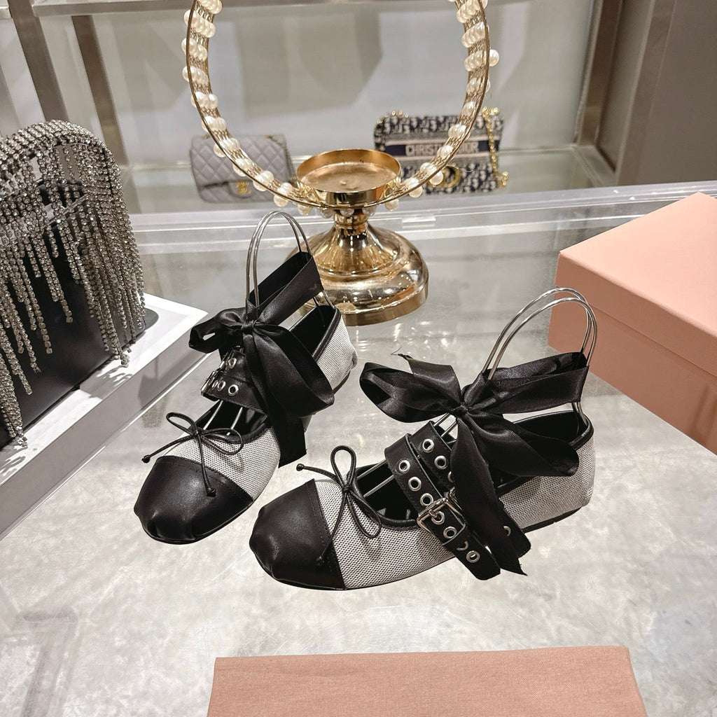 MIUMIU 26S SLINGBACK BALLET FLATS IN BLACK CALFSKIN AND BEIGE CANVAS RIBBON