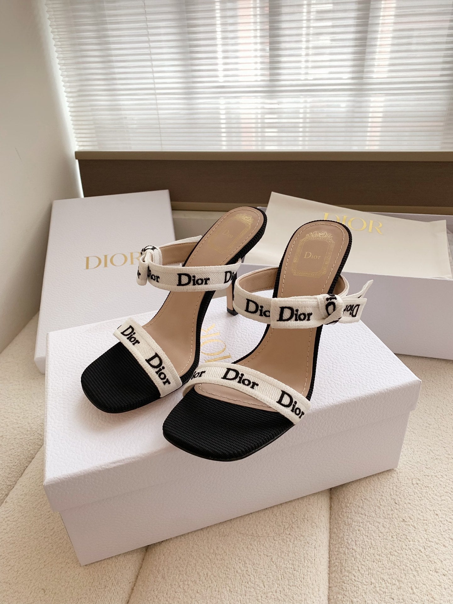 DIOR HEELED SANDALS 100MM WITH J'ADIOR STRAPS IN BLACK CALFSKIN
