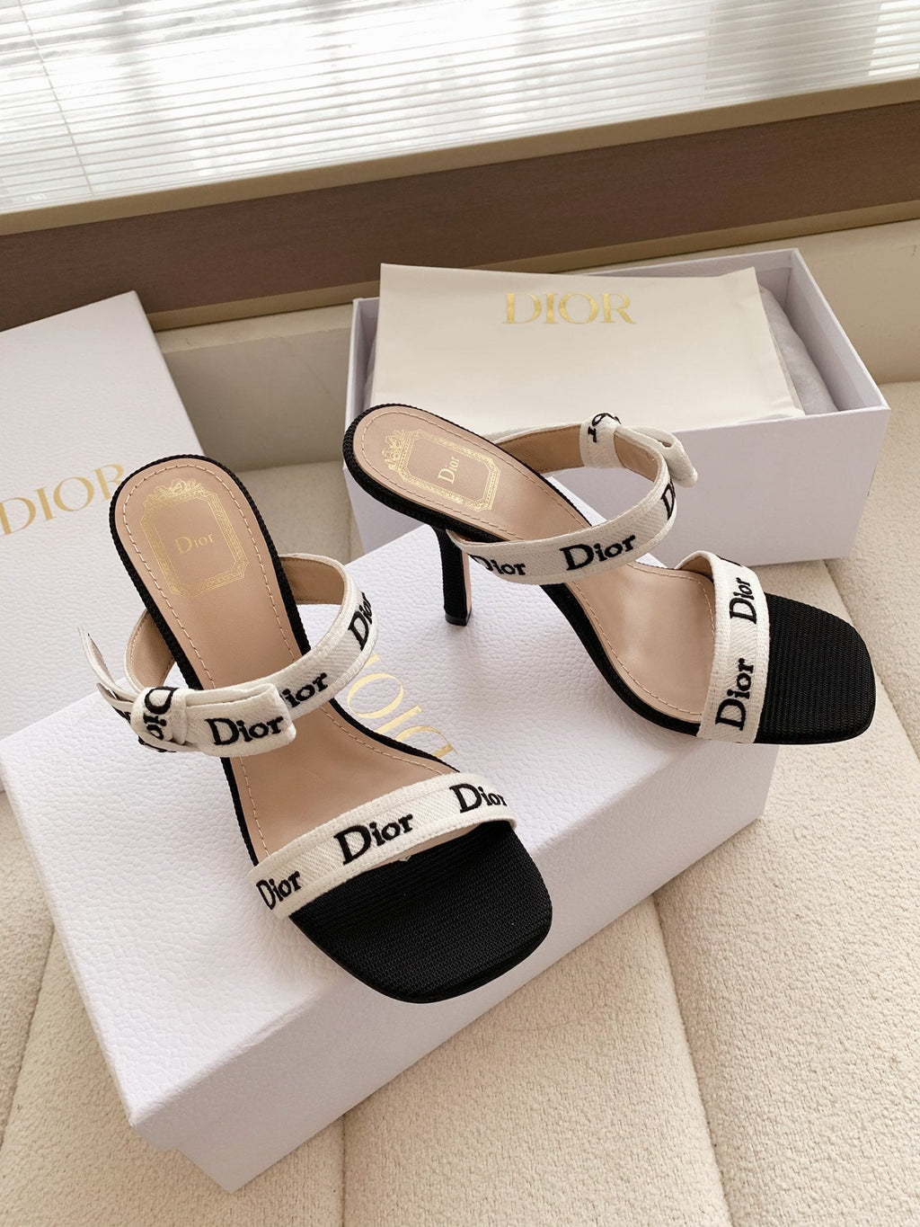 DIOR HEELED SANDALS 100MM WITH J'ADIOR STRAPS IN BLACK CALFSKIN