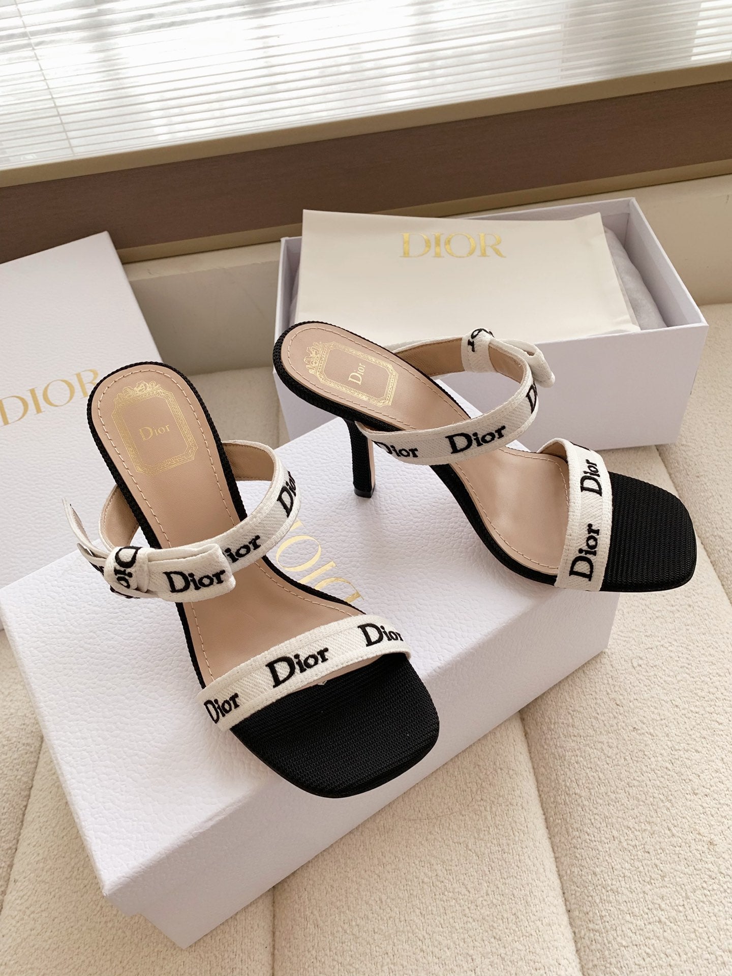 DIOR HEELED SANDALS 100MM WITH J'ADIOR STRAPS IN BLACK CALFSKIN