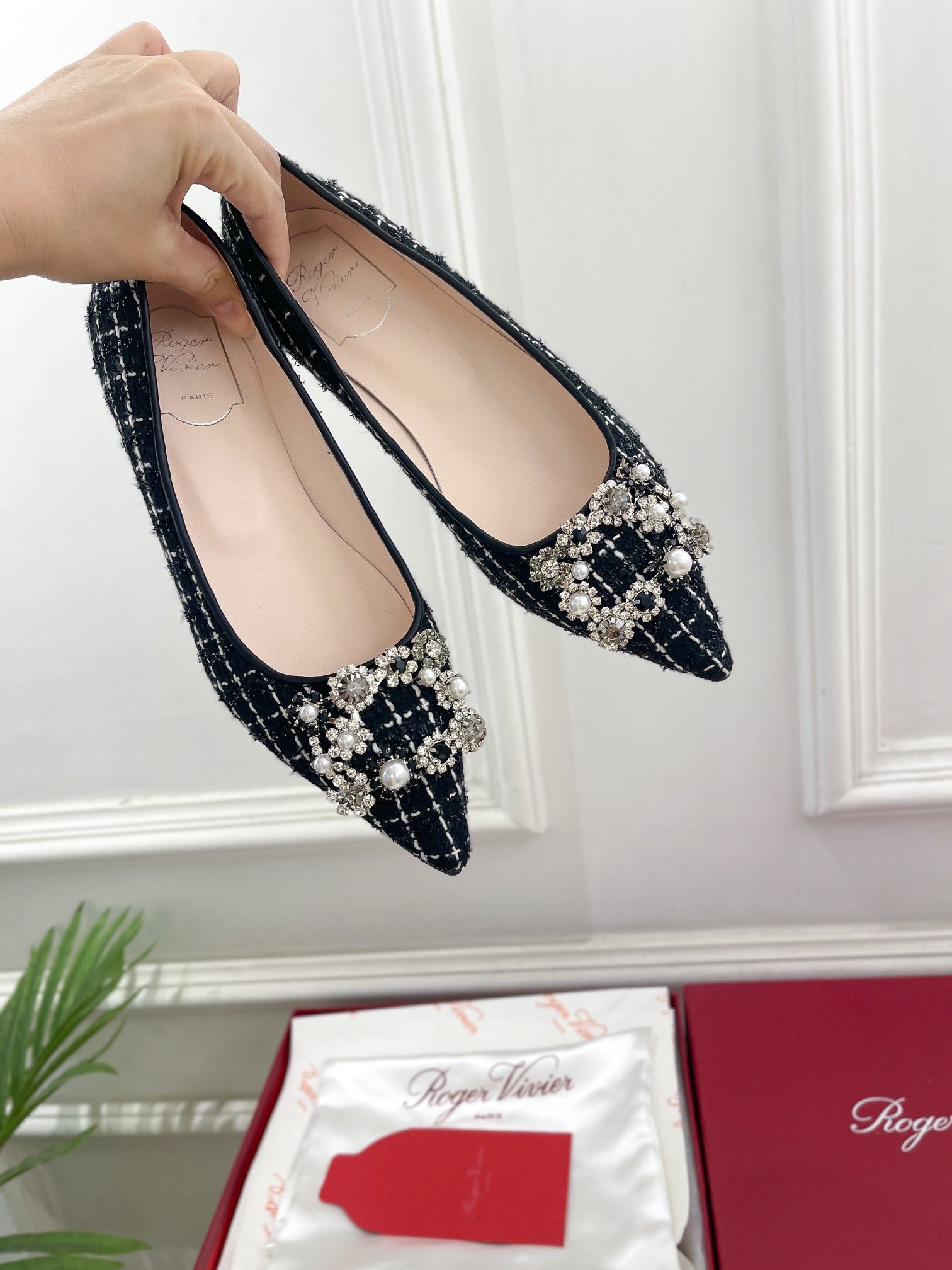 EFFLORESCENCE BALLERINAS IN BLACK TWEED WITH FINE WHITE STRIPES EMBELLISHED CRYSTALS