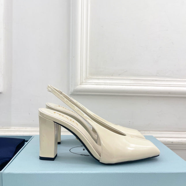 SQUARE TOE SLINGBACK PUMPS IN WHITE GLOSSY CALFSKIN