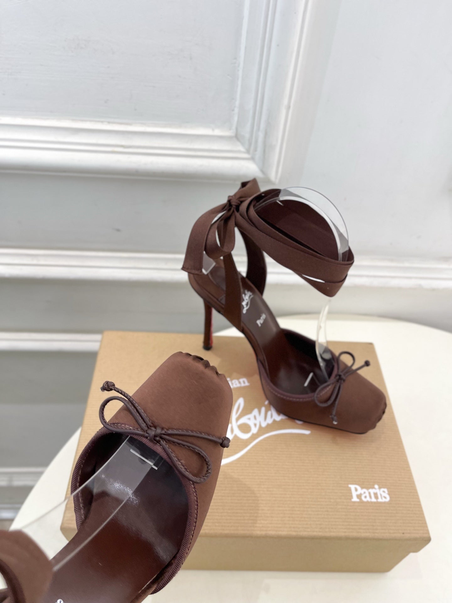CASSIA LACE UP 100MM IN CHOCOLATE BROWN SATIN