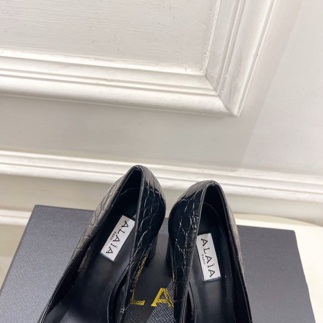 ALAIA 26S HIGH HEELS 95 MM IN BLACK CROCODILE-EMBOSSED CALFSKIN