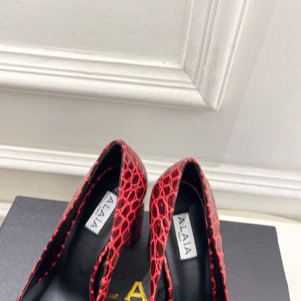 ALAIA 26S HIGH HEELS 95 MM IN DARK RED CROCODILE-EMBOSSED CALFSKIN