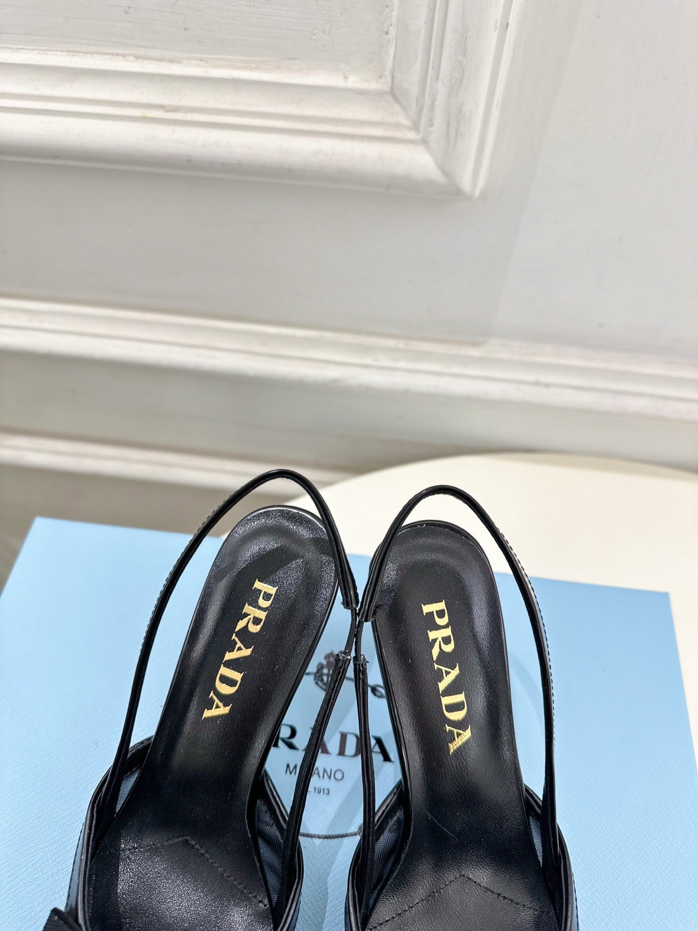 PRADA 26S POINTED-TOE SLINGBACK HEELS 75MM IN BLACK MESH WITH BLACK BOW