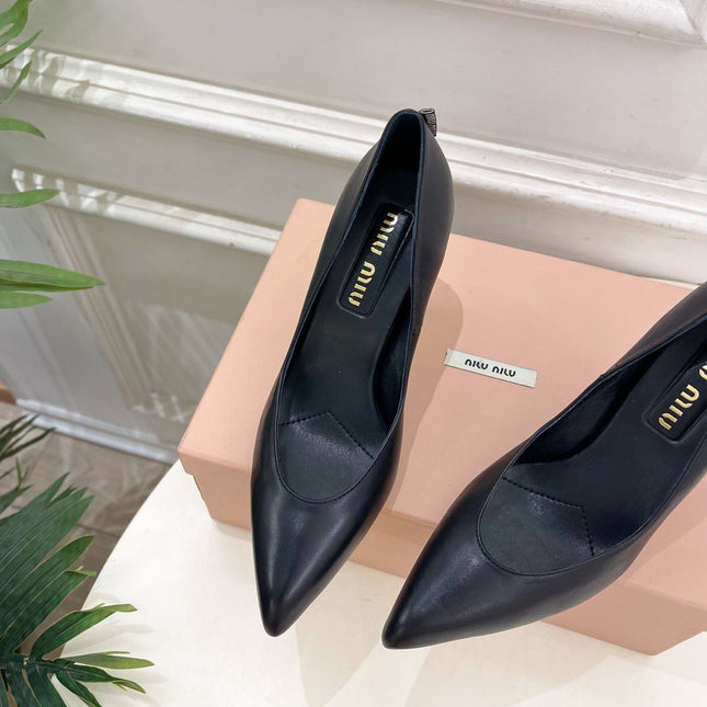 MIUMIU 26S POINTED TOE HIGH HEELS 85MM IN BLACK CALFSKIN