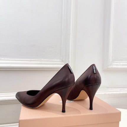 MIUMIU 26S POINTED TOE HIGH HEELS 85MM IN CHOCOLATE BROWN CALFSKIN