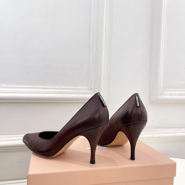 MIUMIU 26S POINTED TOE HIGH HEELS 85MM IN CHOCOLATE BROWN CALFSKIN