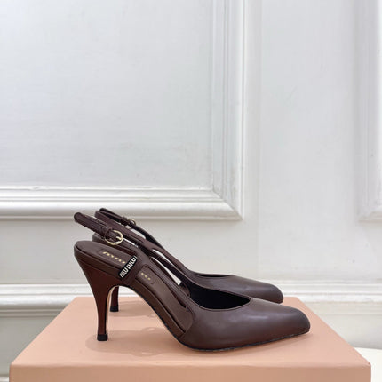 MIUMIU 26S SLINGBACK PUMPS 85MM IN CHOCOLATE BROWN CALFSKIN