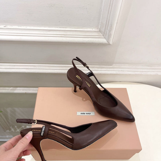 MIUMIU 26S SLINGBACK PUMPS 85MM IN CHOCOLATE BROWN CALFSKIN