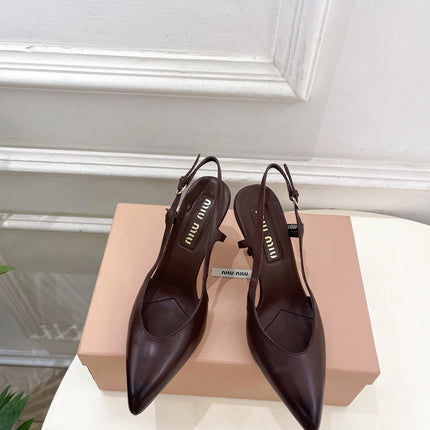 MIUMIU 26S SLINGBACK PUMPS 85MM IN CHOCOLATE BROWN CALFSKIN