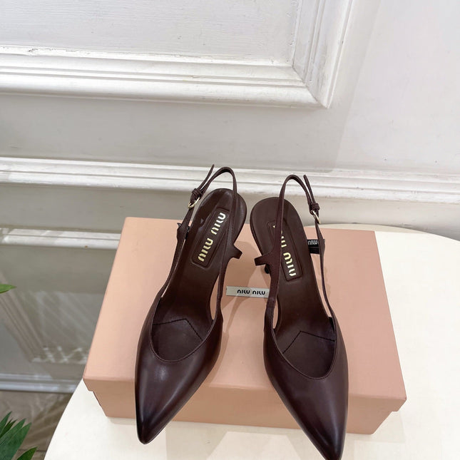 MIUMIU 26S SLINGBACK PUMPS 85MM IN CHOCOLATE BROWN CALFSKIN