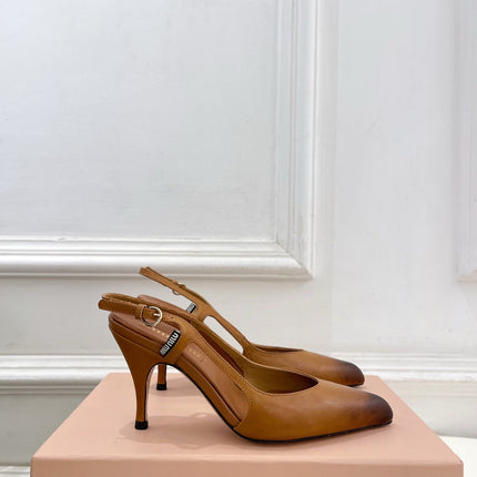 MIUMIU 26S SLINGBACK PUMPS 85MM IN BROWN COGNAC CALFSKIN