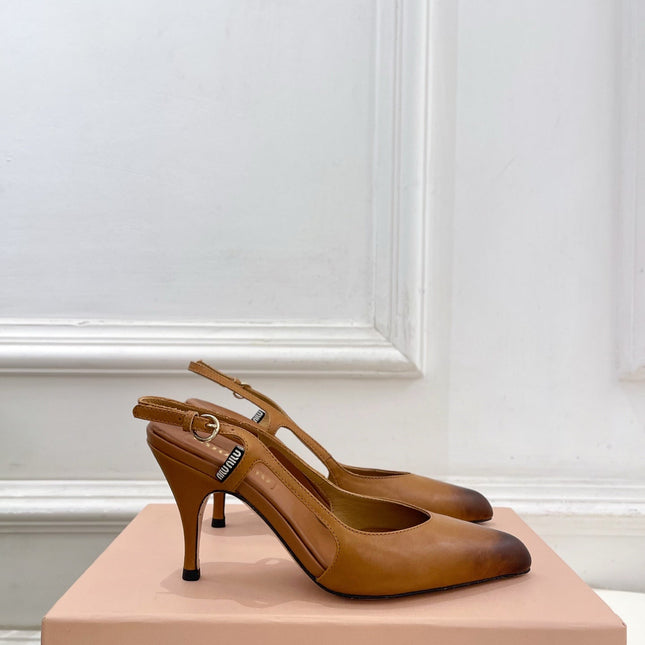 MIUMIU 26S SLINGBACK PUMPS 85MM IN BROWN COGNAC CALFSKIN