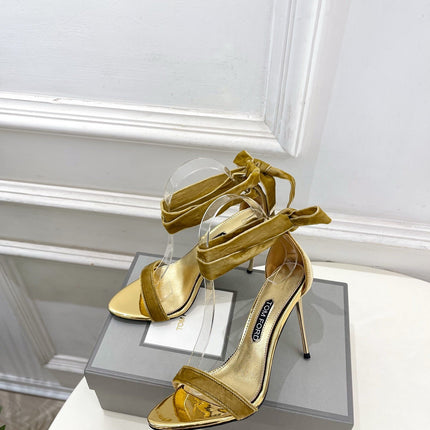 TOM FORD 26S HIGH-HEELED SANDALS 105 MM IN BROWN FABRIC AND GOLD CALFSKIN