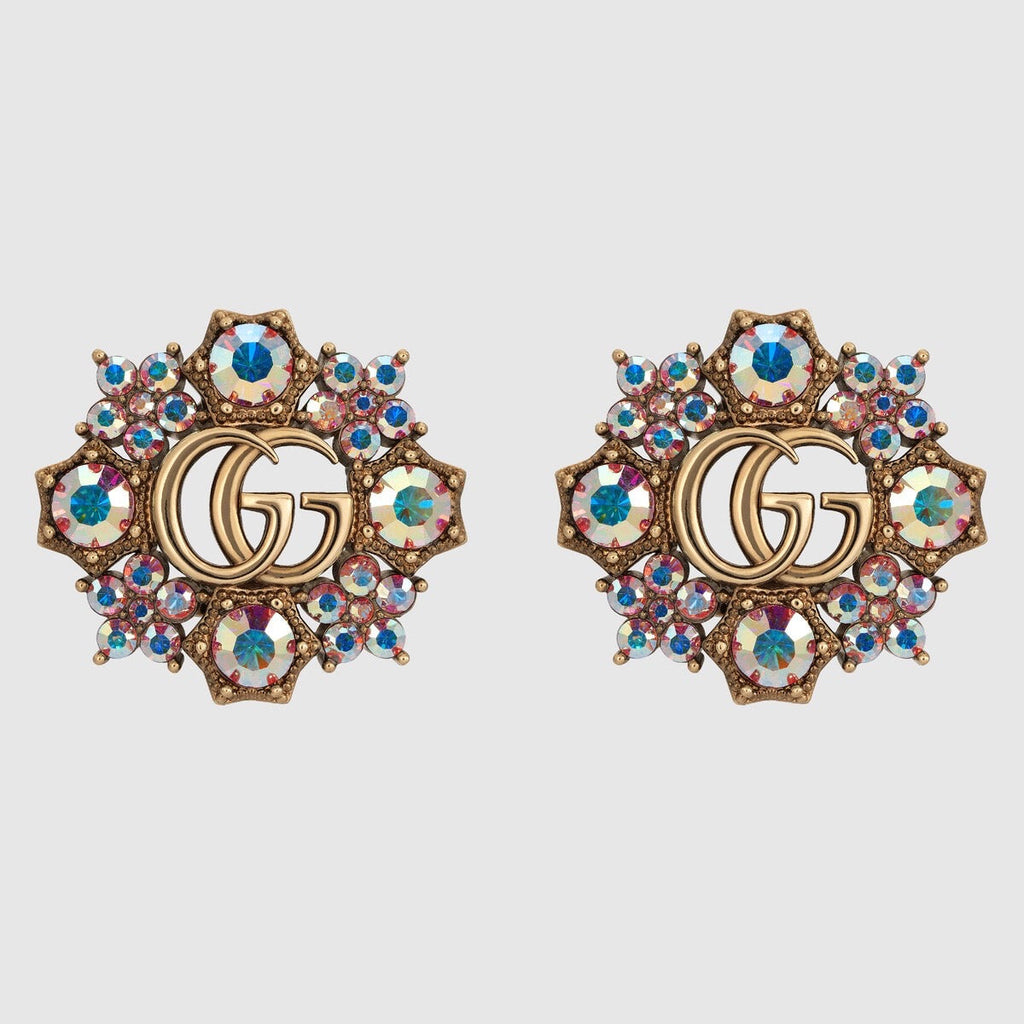 GUCCI 26S DOUBLE G LOGO MULTICOLOR CRYSTAL FLORAL STATEMENT STUD EARRINGS IN AGED GOLD TONE METAL 629028