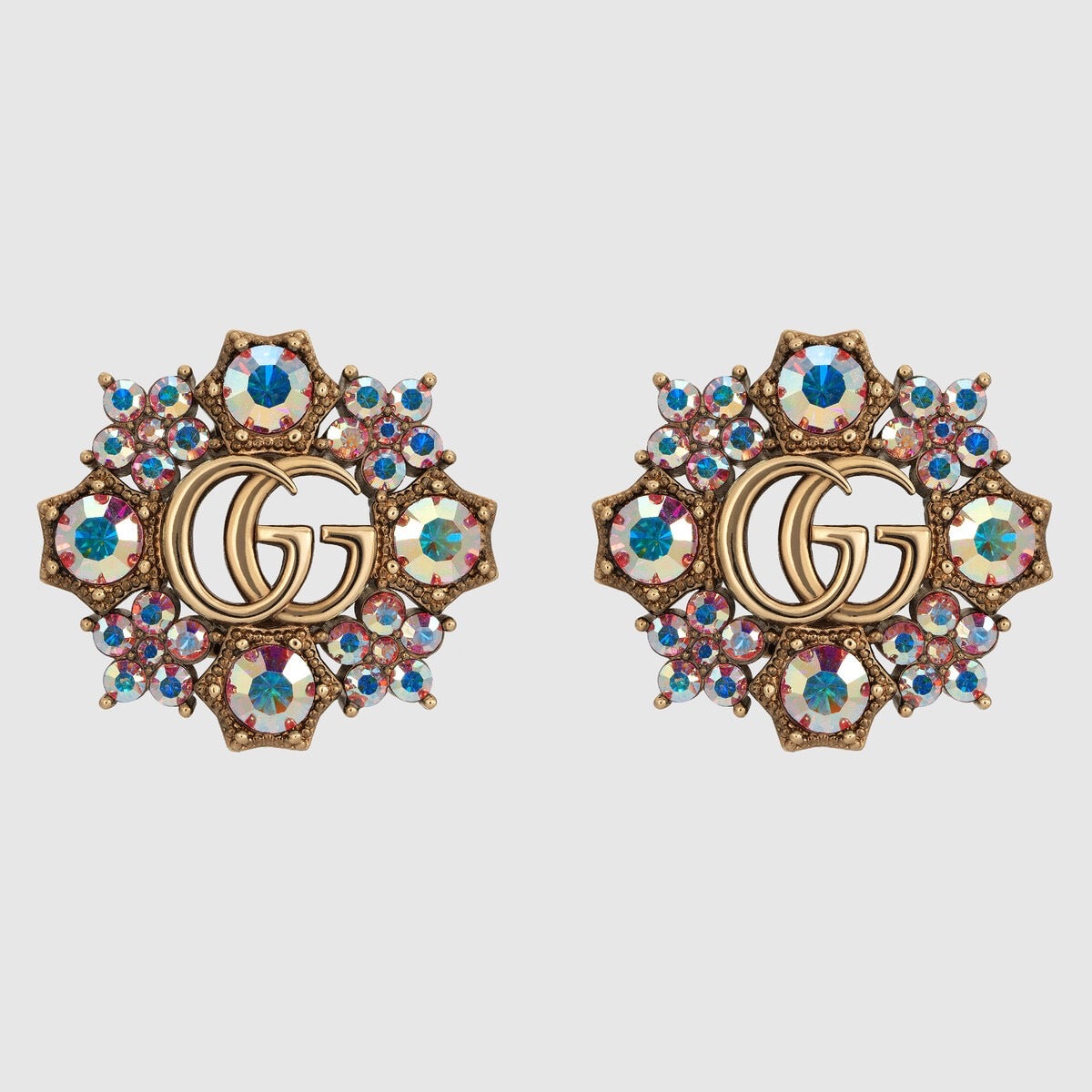 GUCCI 26S DOUBLE G LOGO MULTICOLOR CRYSTAL FLORAL STATEMENT STUD EARRINGS IN AGED GOLD TONE METAL 629028