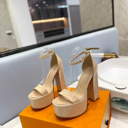 LV 26S HIGH HEEL SANDALS 145 MM IN BEIGE CALFSKIN