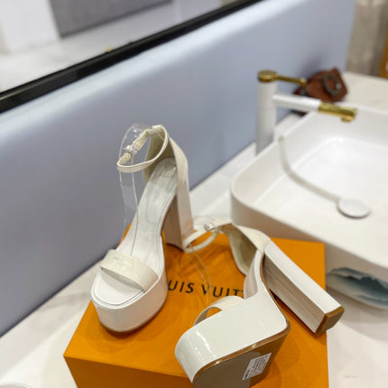 LV 26S HIGH HEEL SANDALS 145 MM IN CREAM WHITE CALFSKIN