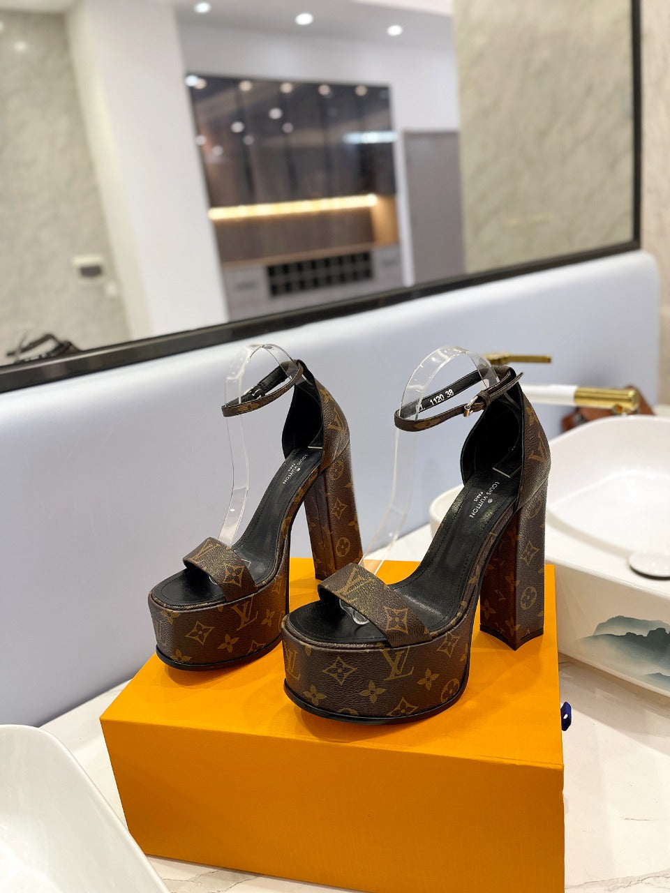 LV 26S HIGH HEEL SANDALS 145 MM IN DARK BROWN COATED CANVAS