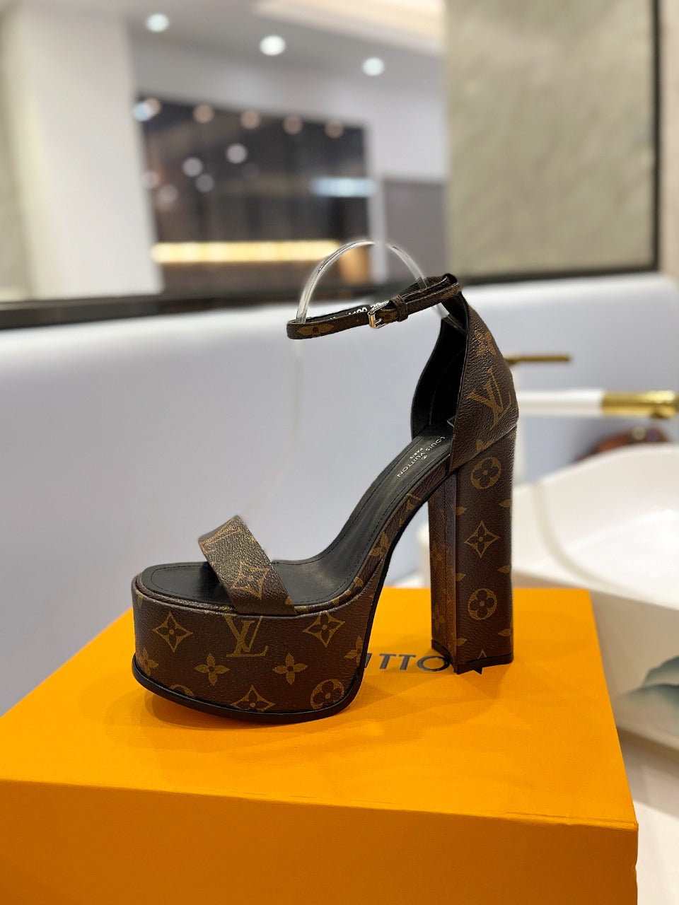 LV 26S HIGH HEEL SANDALS 145 MM IN DARK BROWN COATED CANVAS