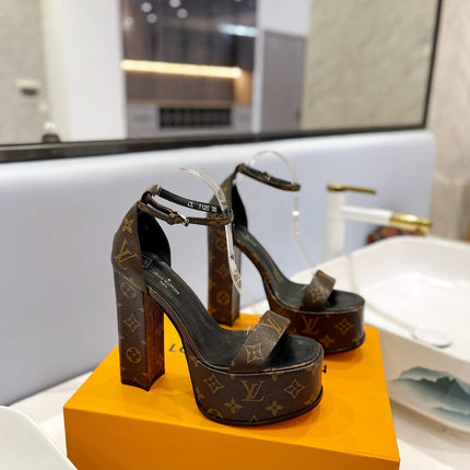LV 26S HIGH HEEL SANDALS 145 MM IN DARK BROWN COATED CANVAS