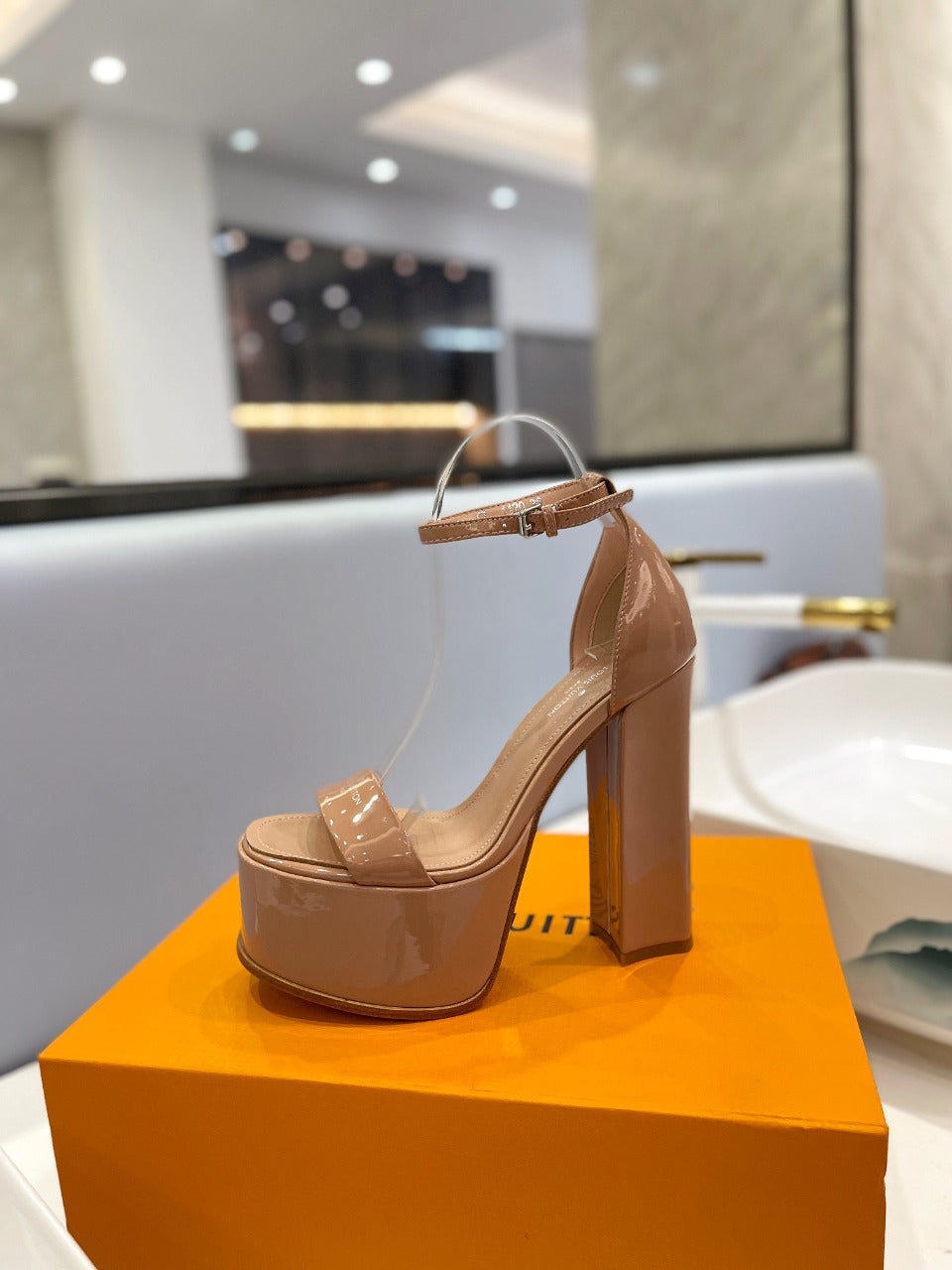 LV 26S HIGH HEEL SANDALS 145 MM IN NUDE PINK CALFSKIN