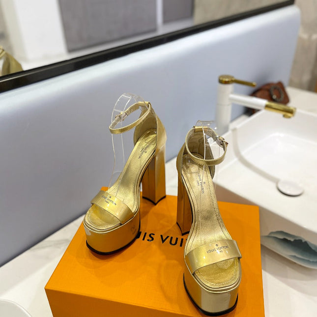 LV 26S HIGH HEEL SANDALS 145 MM IN GOLD CALFSKIN