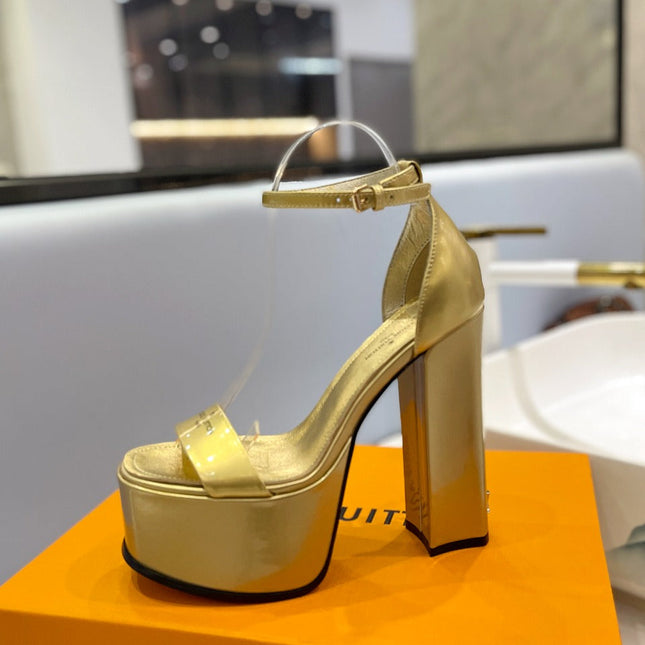 LV 26S HIGH HEEL SANDALS 145 MM IN GOLD CALFSKIN