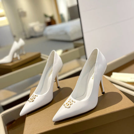 BURBERRY 26S HIGH HEELS 105 MM IN WHITE CALFSKIN WITH LOGO