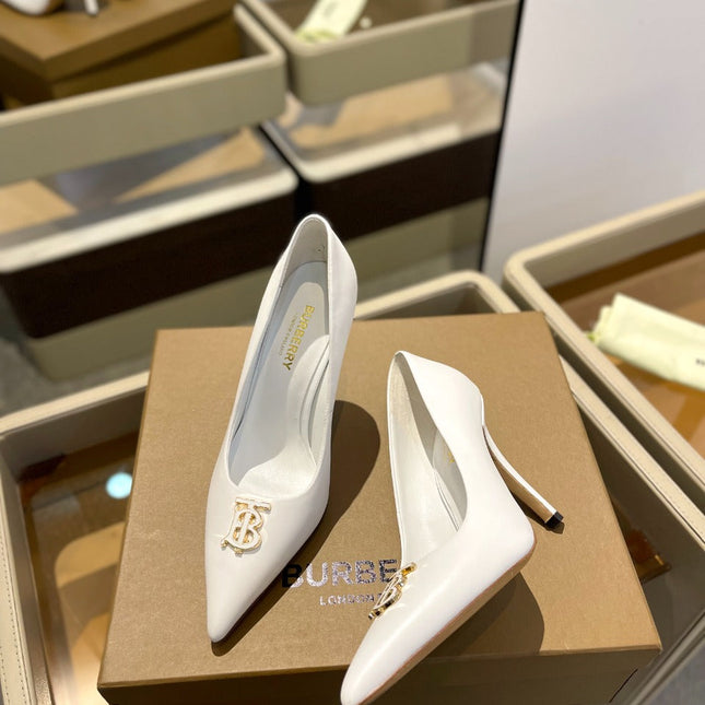 BURBERRY 26S HIGH HEELS 105 MM IN WHITE CALFSKIN WITH LOGO