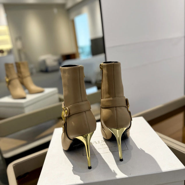 BALMAIN 26S STILETTO HEEL BOOTS 95 MM IN DARK BEIGE CALFSKIN